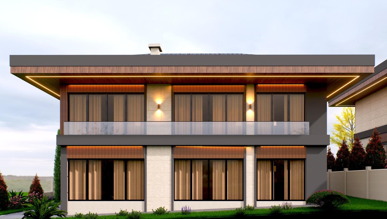 Çavuşbaşı Villa — ön cephe tasarım görseli, deck ve kompozit kaplama detayları
